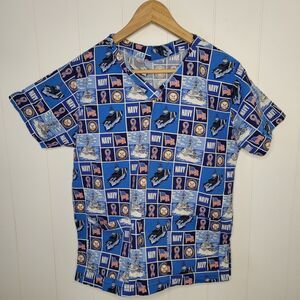Womens Patriotic Scrub Top USA Navy Ships Short Sleeve Flag Cotton